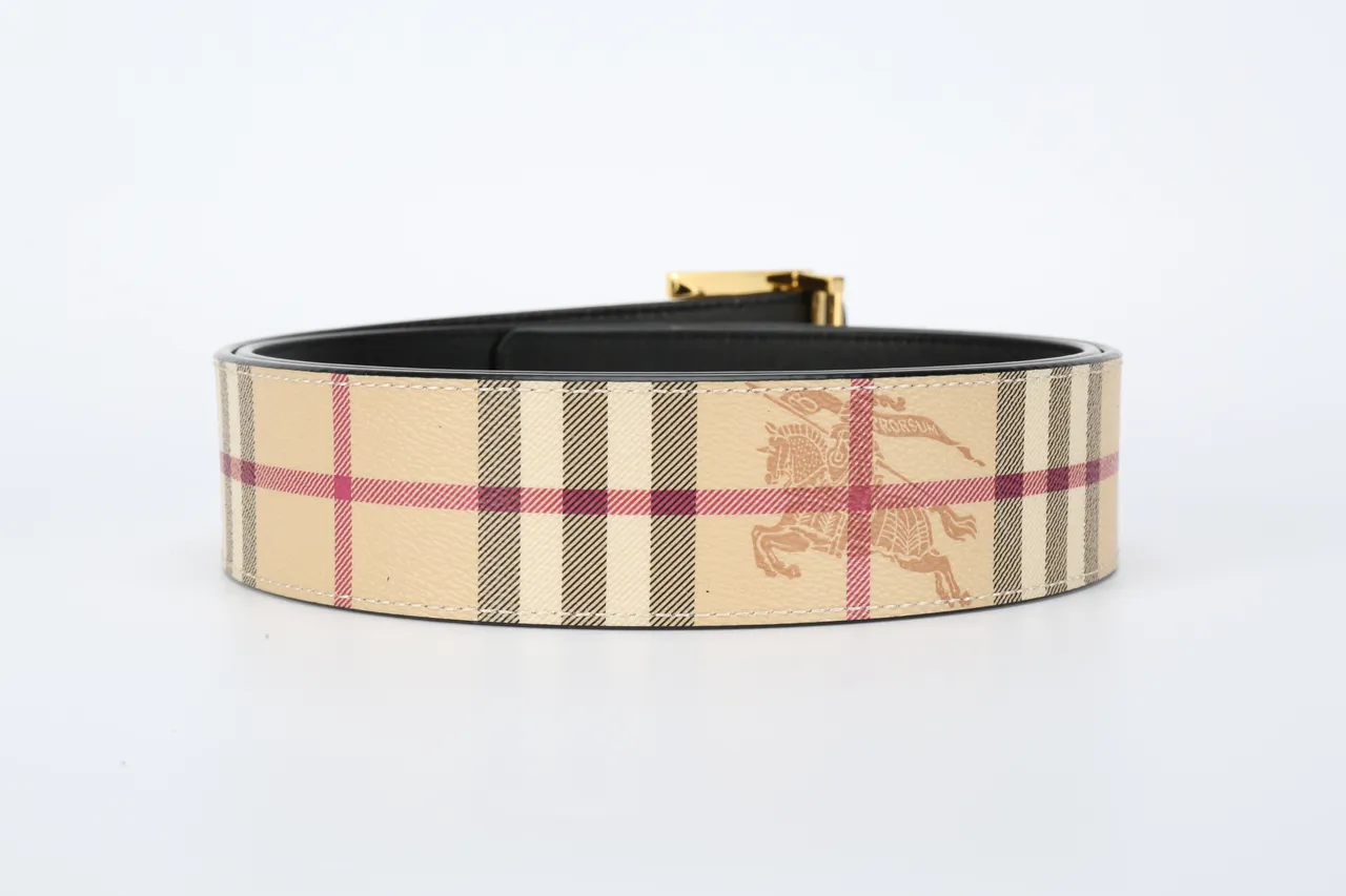 Burberry TB Belt Ceinture en cuir motifs à carreaux beige finition dorée 4