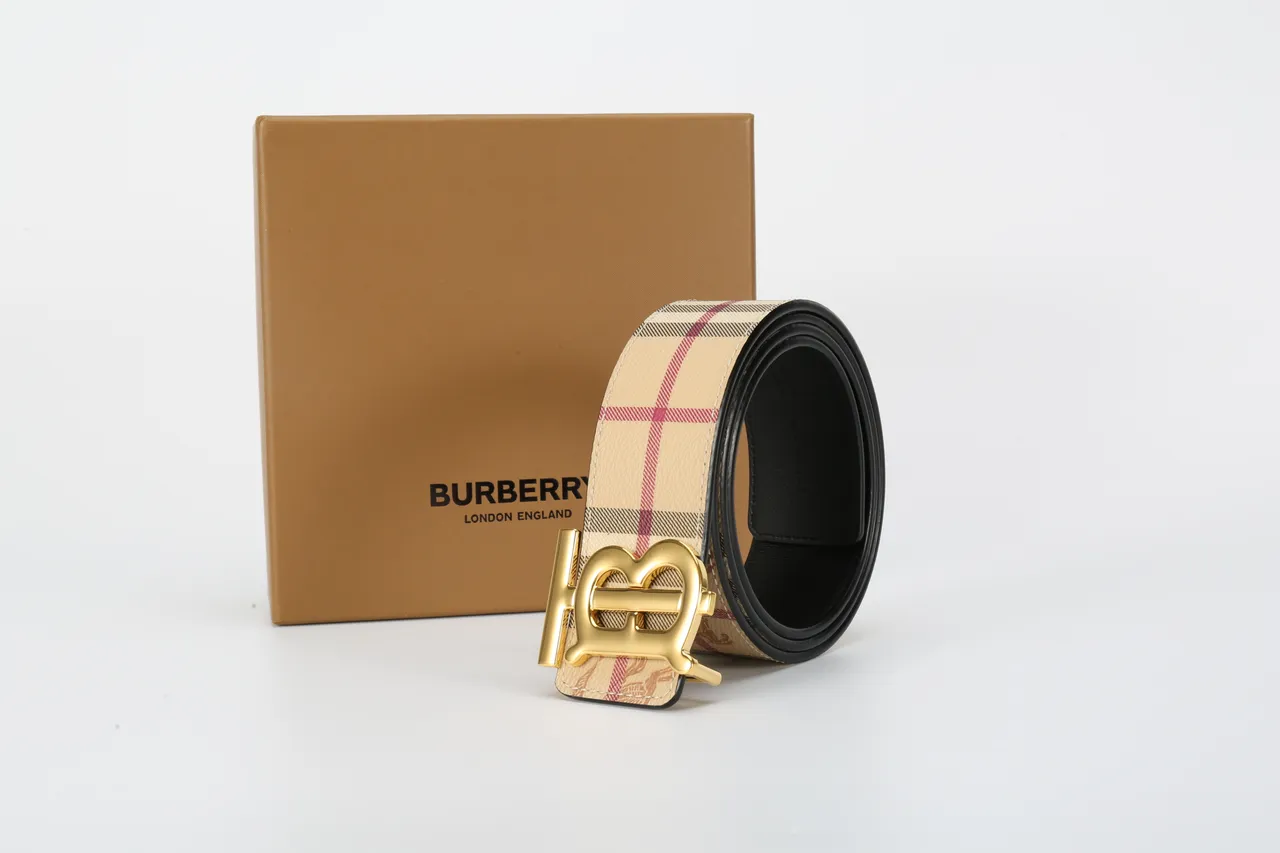 Burberry TB Belt Ceinture en cuir motifs à carreaux beige finition dorée 6