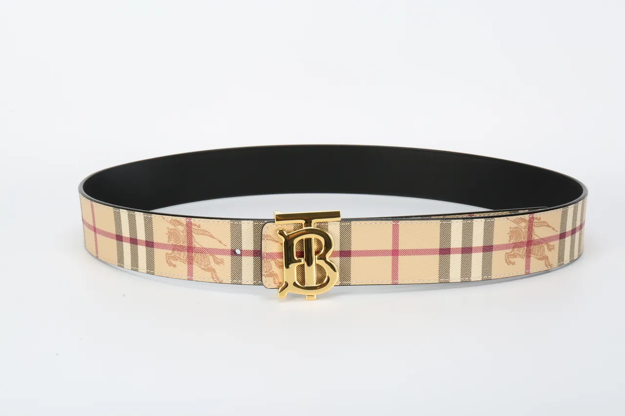 Burberry TB Belt Ceinture en cuir motifs à carreaux beige finition dorée 9