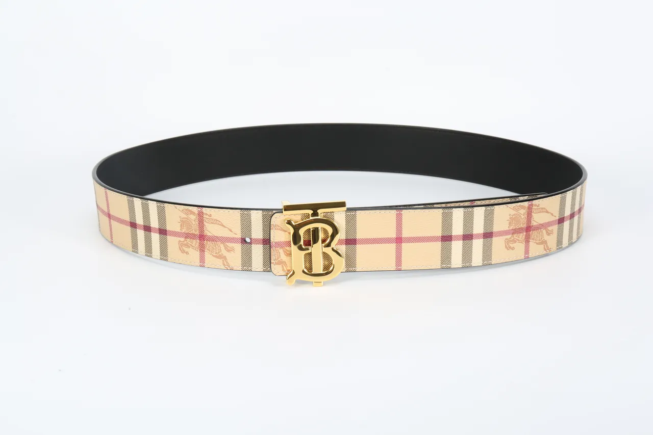 Burberry TB Belt Ceinture en cuir motifs à carreaux beige finition dorée 10