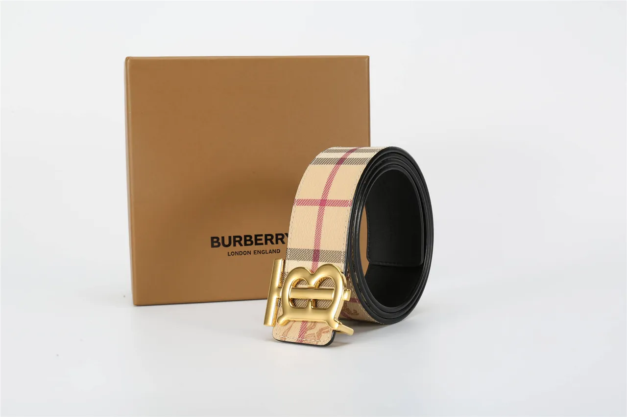 Burberry TB Belt Ceinture en cuir motifs à carreaux beige finition dorée 15