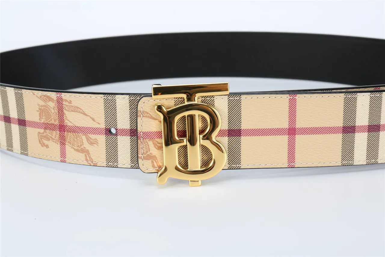 Burberry TB Belt Ceinture en cuir motifs à carreaux beige finition dorée 18