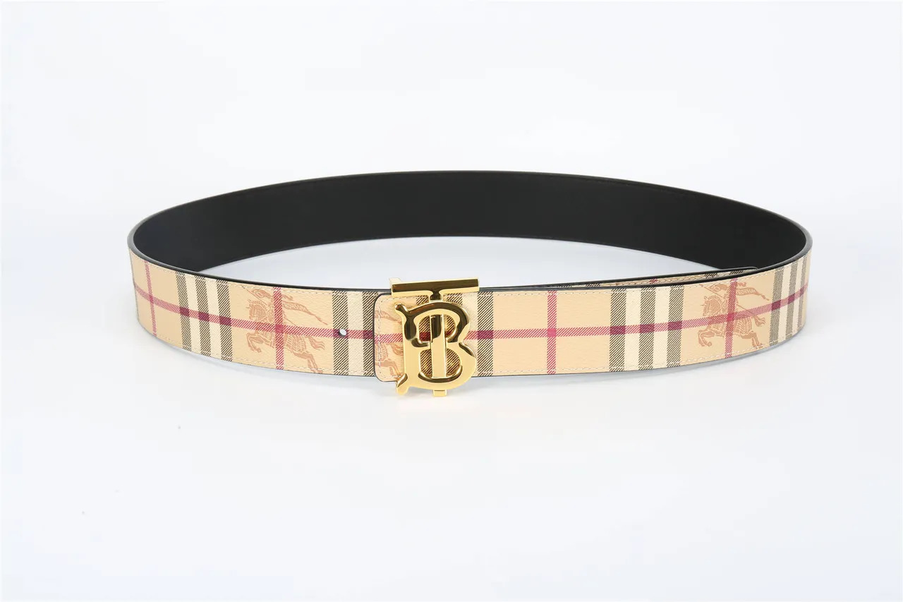 Burberry TB Belt Ceinture en cuir motifs à carreaux beige finition dorée 20