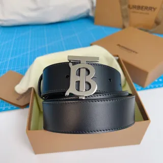 Burberry TB Belt কালো রূপালি মসৃণ পালিশ Monogram বাকল চামড়ার বেল্ট