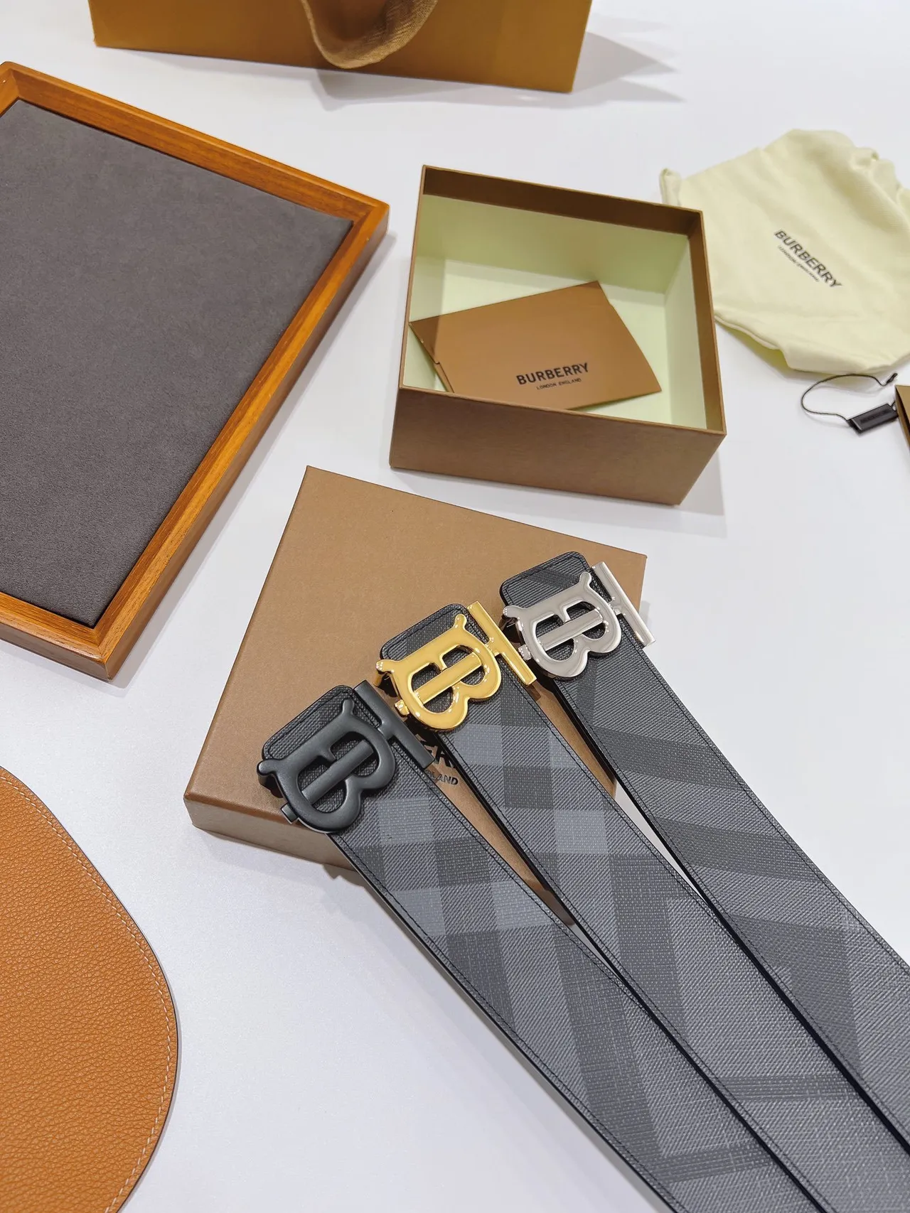 Burberry TB Monogram Black Gray Buckle Check-Print Canvas Strap Leather Belt 3