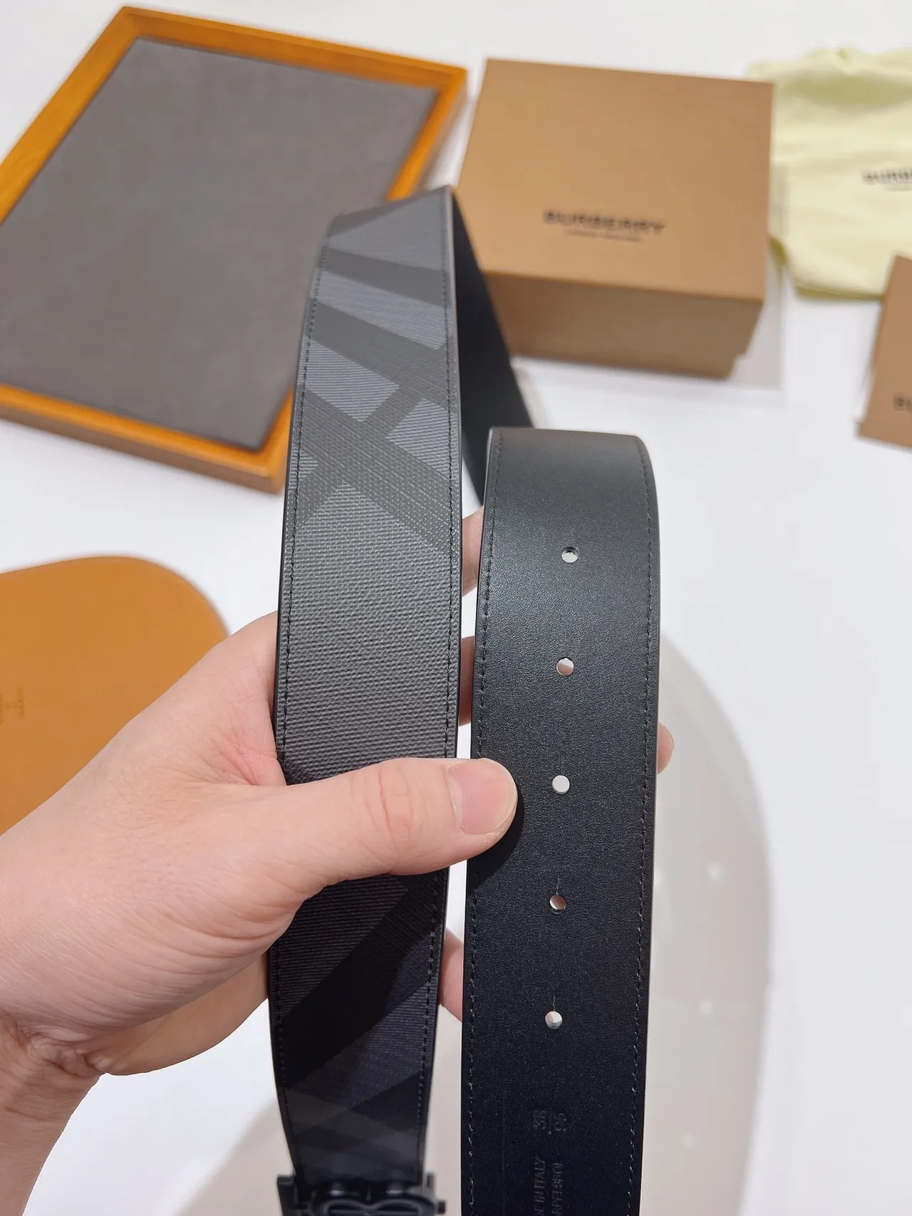 Burberry TB Monogram Black Gray Buckle Check-Print Canvas Strap Leather Belt 4