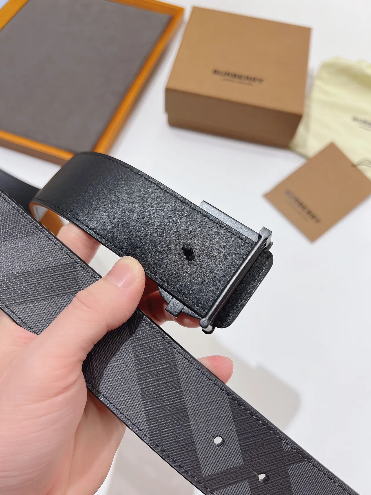Burberry TB Monogram Black Gray Buckle Check-Print Canvas Strap Leather Belt 6