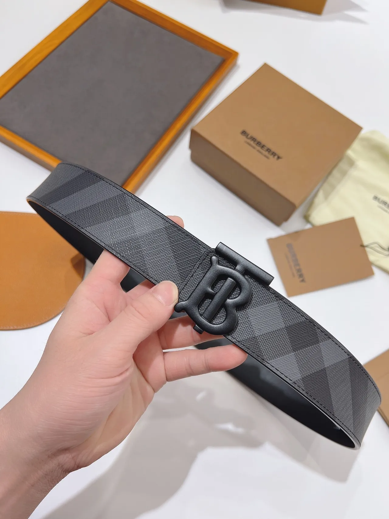 Burberry TB Monogram Black Gray Buckle Check-Print Canvas Strap Leather Belt 8