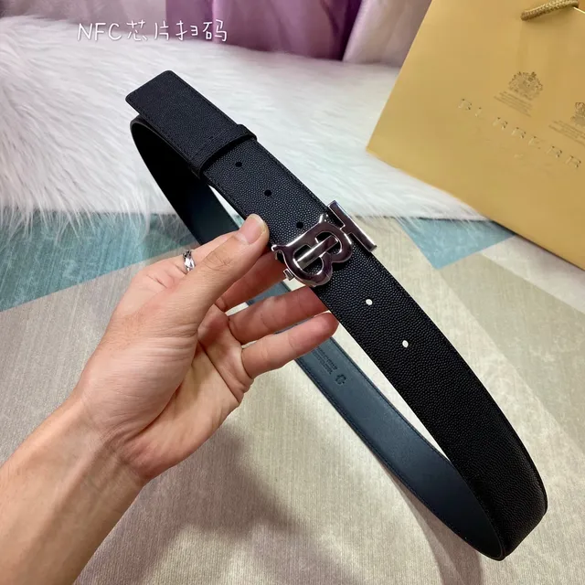 Burberry TB Monogram Black Pebbled Leather Belt 3