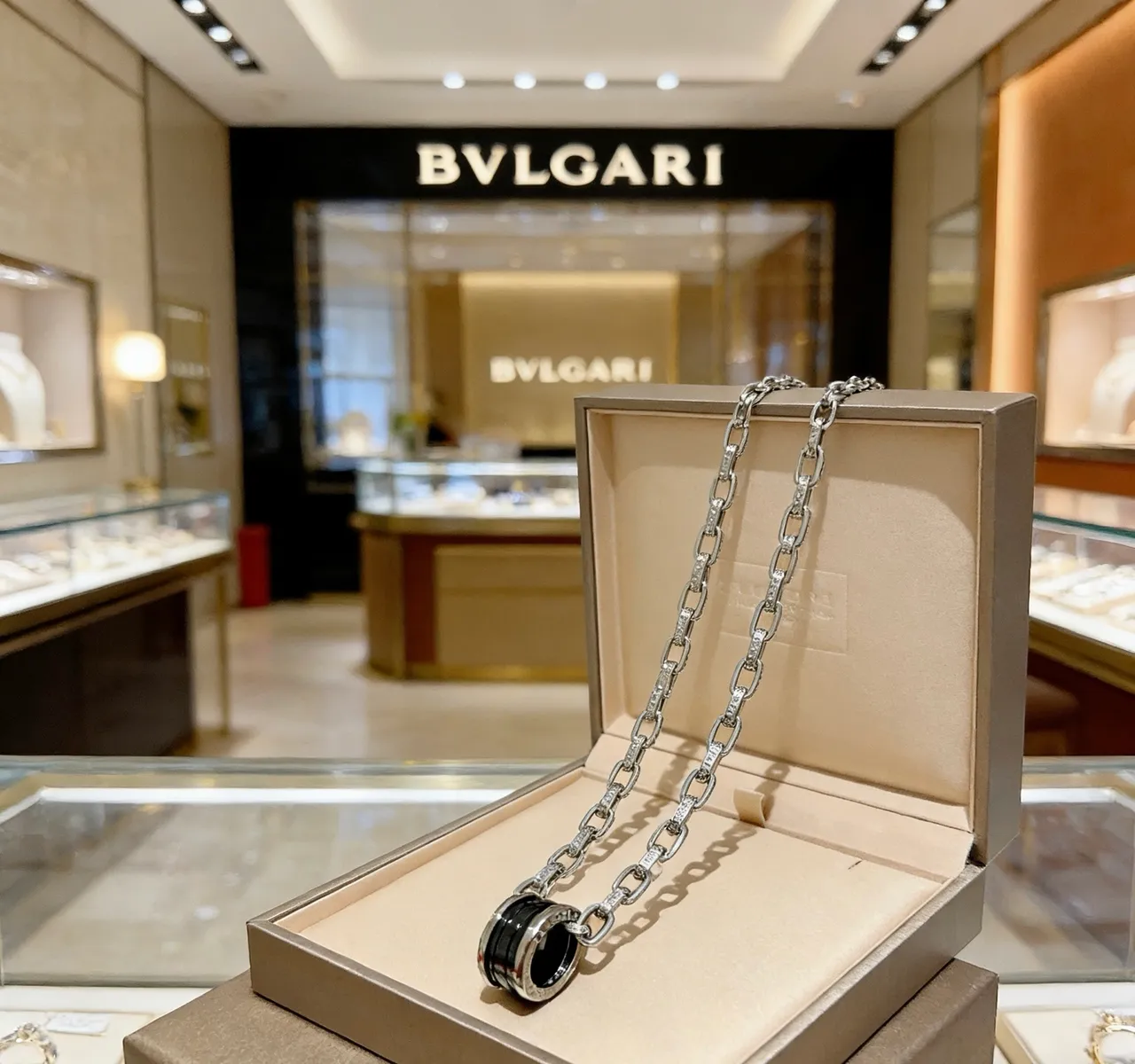 Bvlgari B.zero1 Silver Black Pavé-Diamond Link Chain Cylindrical Multi-Ring Pendant Necklace 9