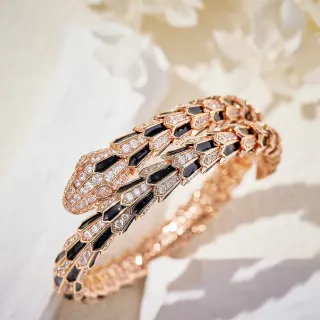 Bvlgari Gold Black Coiled Serpent Hexagonal Scale Motif Bracelet