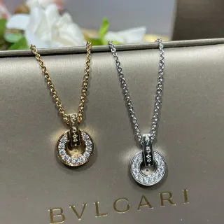 Bvlgari Gold Silver Circular Open-Ring Pendant Pavé-Set Clear Stones Necklace