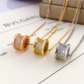 Bvlgari Gold Silver Cylindrical Barrel Charm Pavé-Set Crystals Necklace