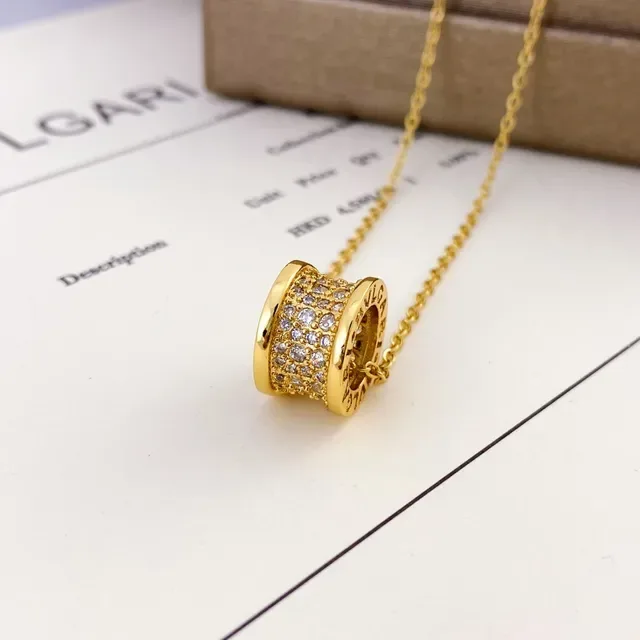 Bvlgari Collier Charm Barril Cylindrique Or Argent Cristaux Pavé 2