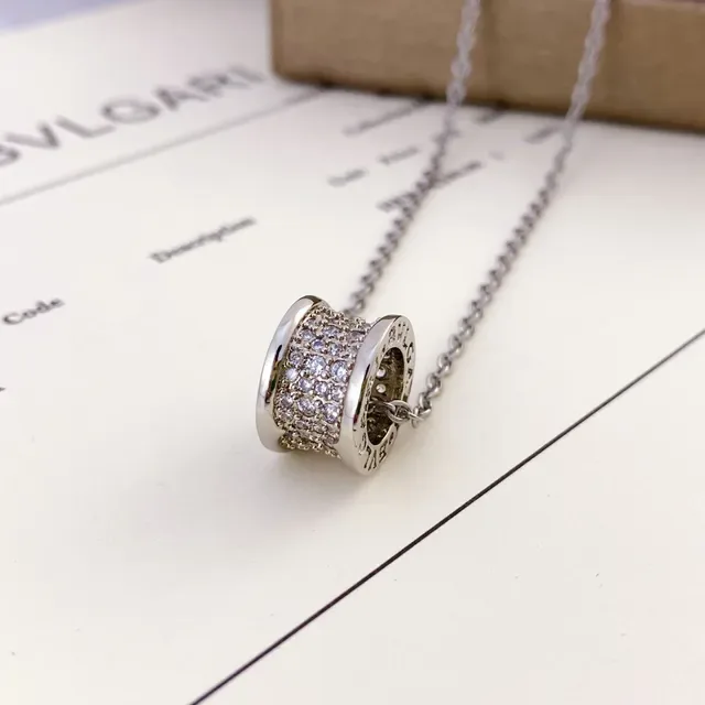 Bvlgari Collier Charm Barril Cylindrique Or Argent Cristaux Pavé 3
