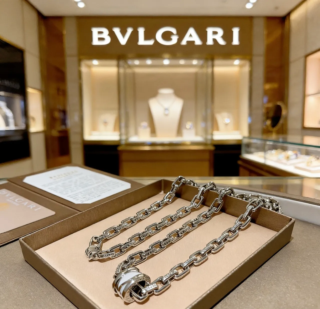 Bvlgari Silver White Interlocking Triple-Ring Pendant Pavé-Diamond Chain Necklace 2