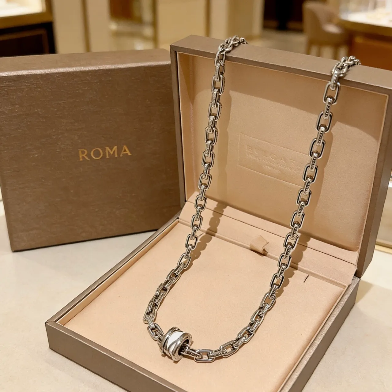 Bvlgari Silver White Interlocking Triple-Ring Pendant Pavé-Diamond Chain Necklace 7