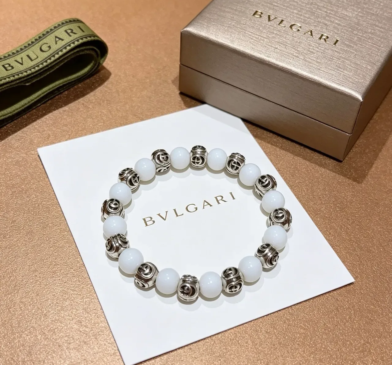 Bvlgari White Silver Beaded Spherical Stones Bracelet 6