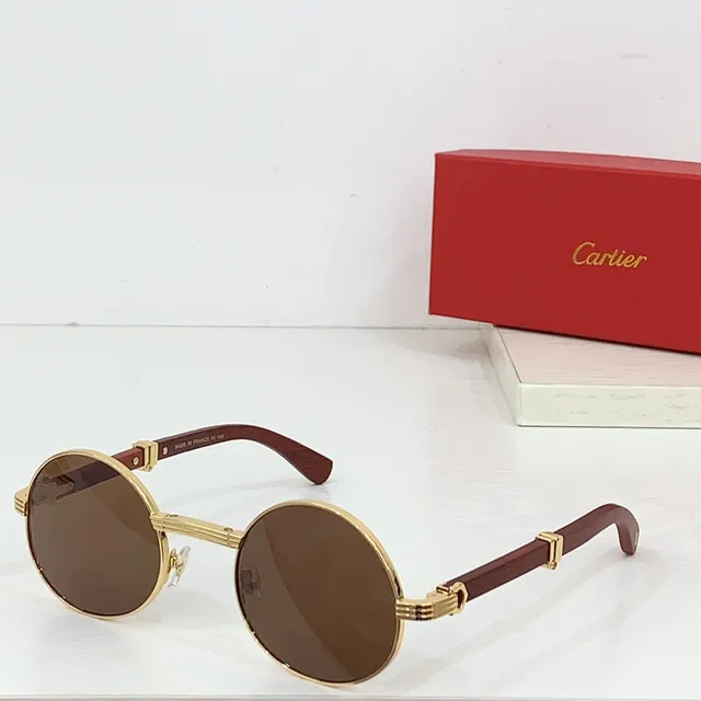 Cartier نظارات شمسية مدورة ذهبية وبنية أسيتات 3