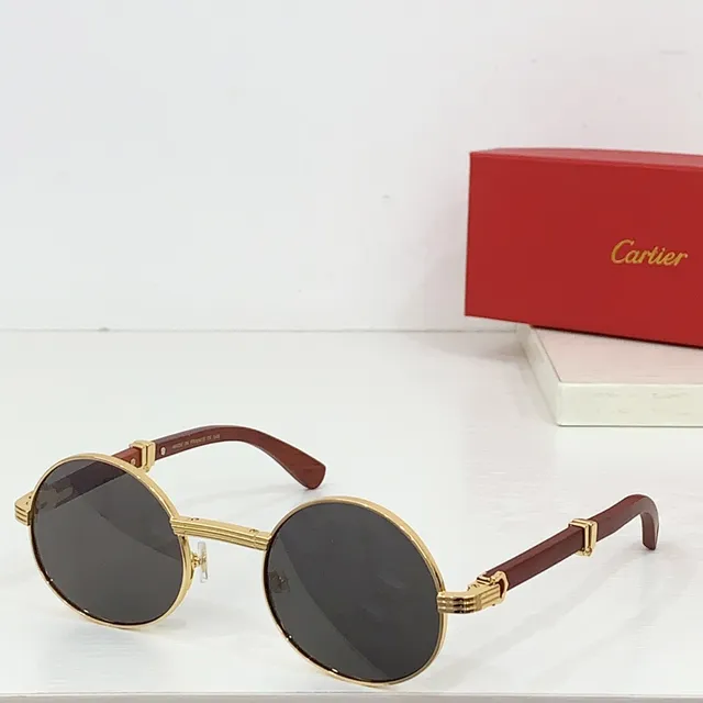 Cartier نظارات شمسية مدورة ذهبية وبنية أسيتات 4
