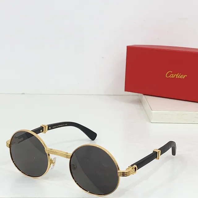 Cartier نظارات شمسية مدورة ذهبية وبنية أسيتات 7