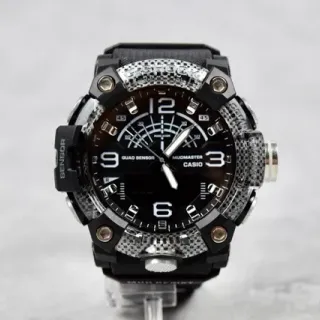 Casio Black Silver Rugged Carbon-Fiber-Textured Bezel Quad Sensor Analog-Digital Dial Watch