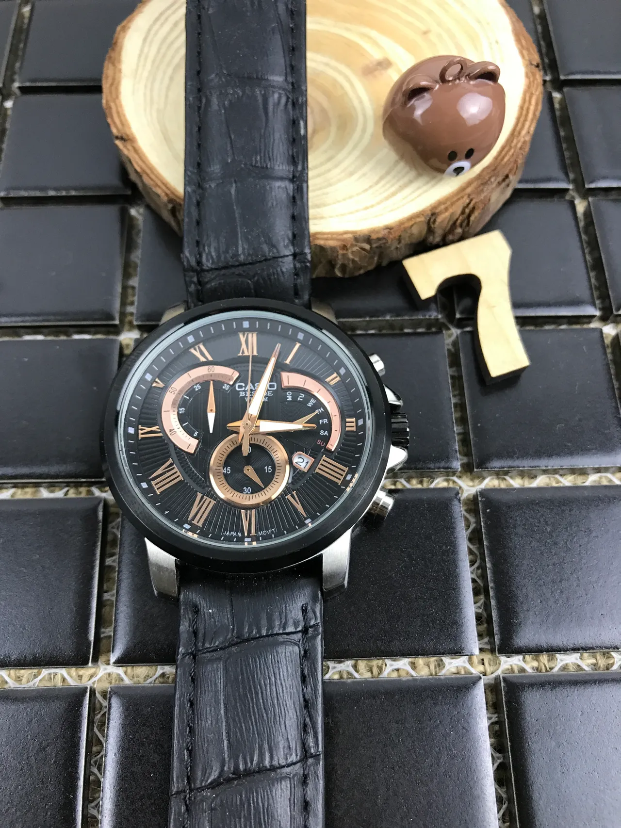 Casio Chronograph Black Alligator-Embossed Leather Strap Quartz Watch 4