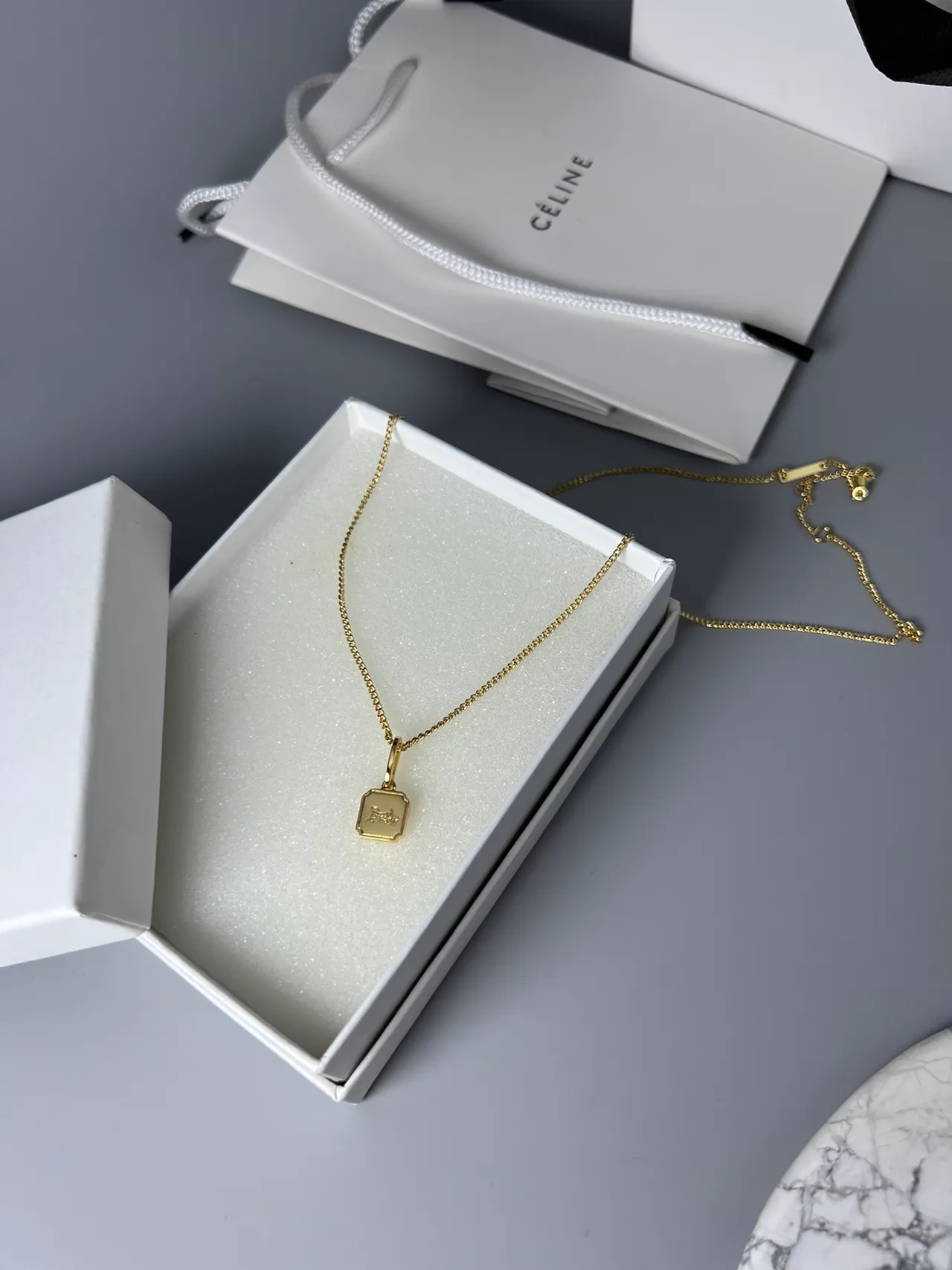 Celine Gold Fine Curb-Link Chain Rectangular Engraved Pendant Necklace 2