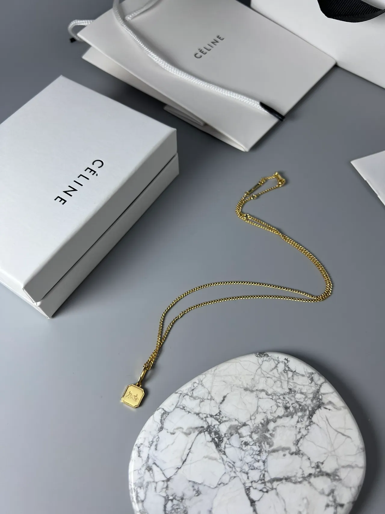 Celine Gold Fine Curb-Link Chain Rectangular Engraved Pendant Necklace 3