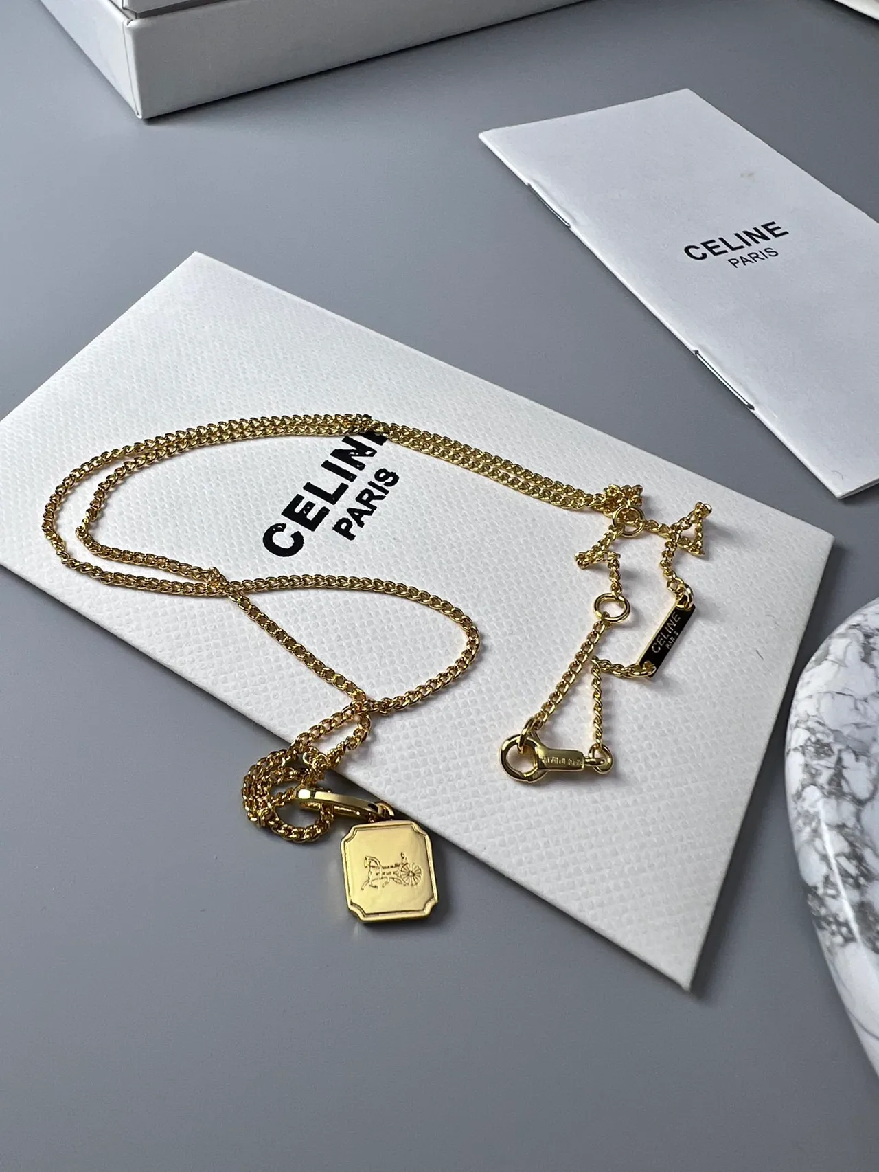 Celine Gold Fine Curb-Link Chain Rectangular Engraved Pendant Necklace 4