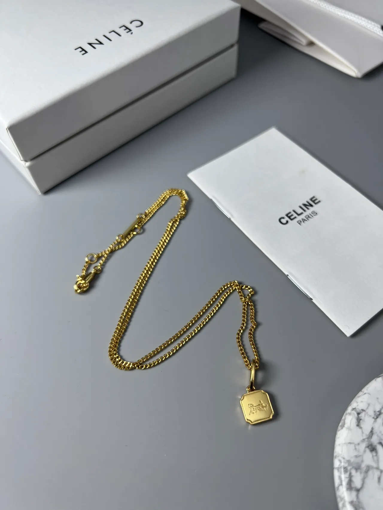 Celine Gold Fine Curb-Link Chain Rectangular Engraved Pendant Necklace 5