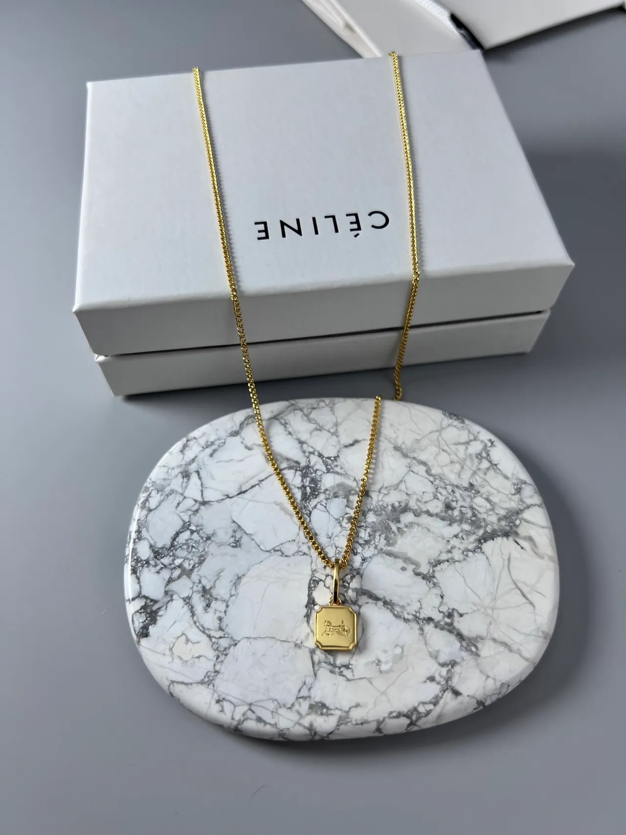 Celine Gold Fine Curb-Link Chain Rectangular Engraved Pendant Necklace 6