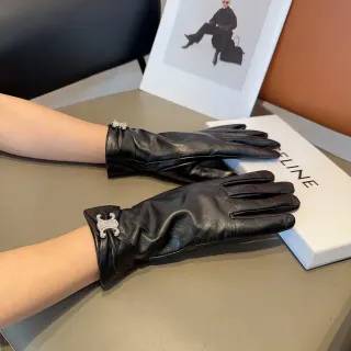 Celine Triomphe Crystal-Embellished Black Leather Gloves