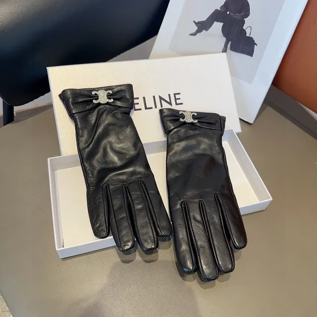 Celine Triomphe Crystal-Embellished Black Leather Gloves 2