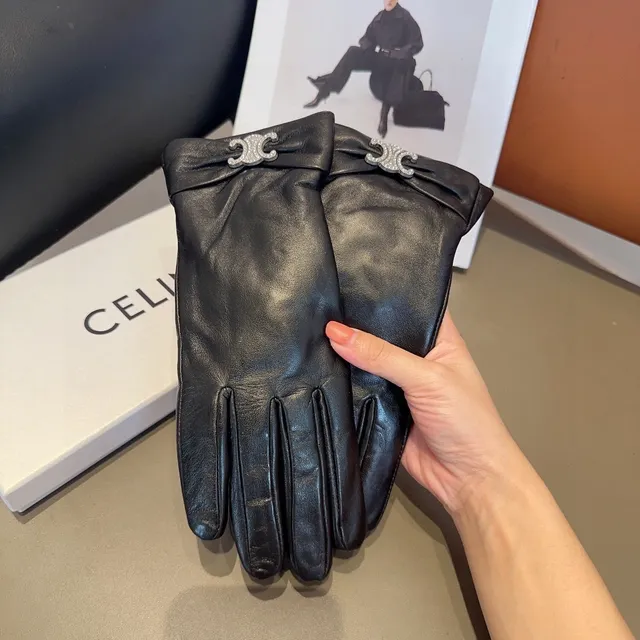 Celine Triomphe Crystal-Embellished Black Leather Gloves 3