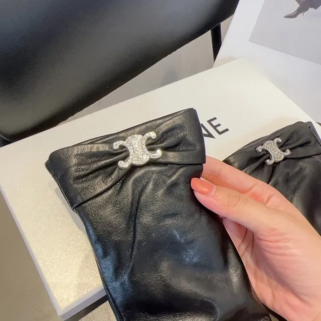 Celine Triomphe Crystal-Embellished Black Leather Gloves 4