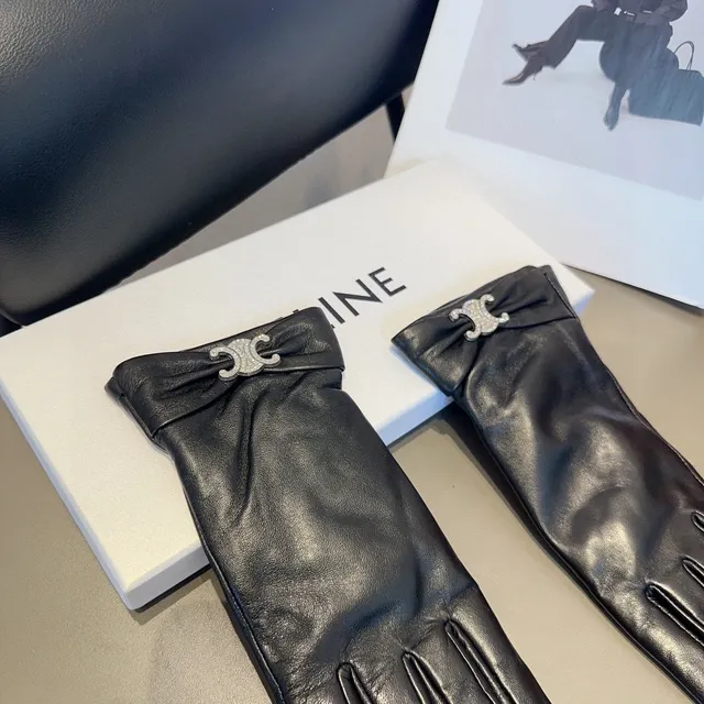 Celine Triomphe Crystal-Embellished Black Leather Gloves 5