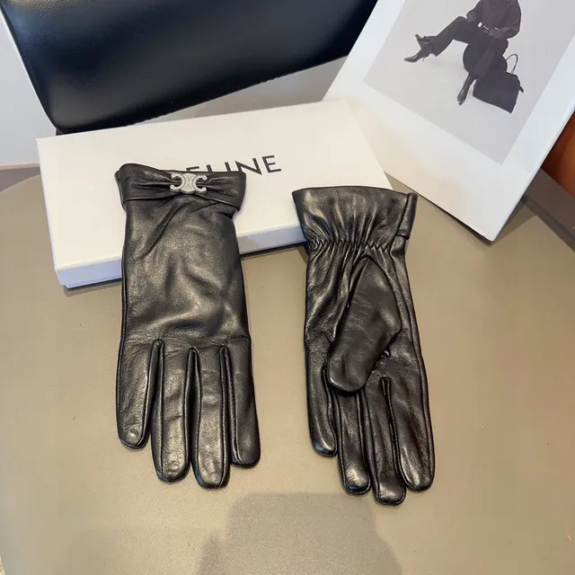 Celine Triomphe Crystal-Embellished Black Leather Gloves 6