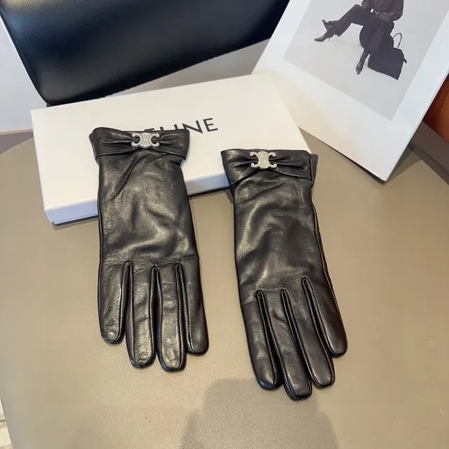 Celine Triomphe Crystal-Embellished Black Leather Gloves 7