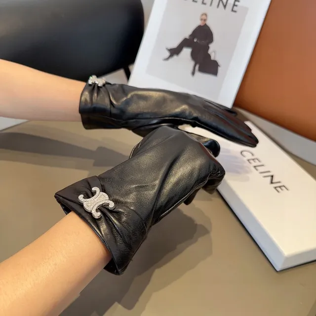 Celine Triomphe Crystal-Embellished Black Leather Gloves 8