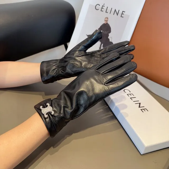 Celine Triomphe Crystal-Embellished Black Leather Gloves 9