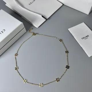 Celine Triomphe Puzzle Motif Gold and Black Enamel Necklace