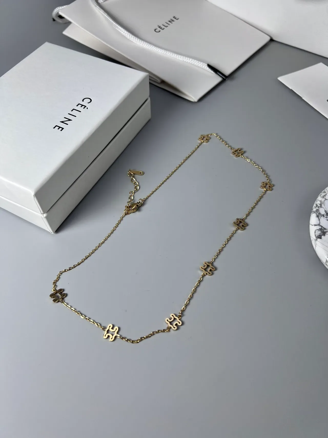 Celine Triomphe Puzzle Motif Gold and Black Enamel Necklace 2