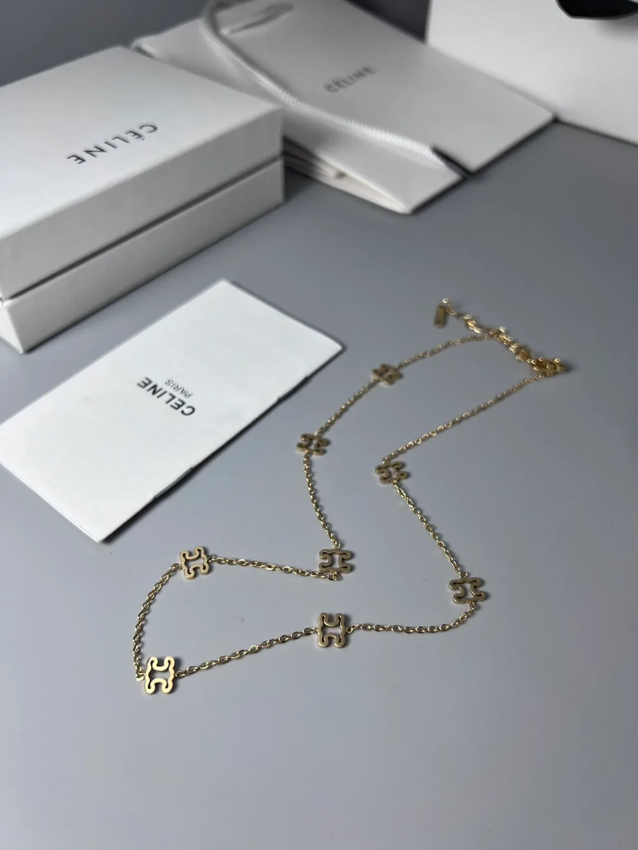 Celine Triomphe Puzzle Motif Gold and Black Enamel Necklace 4