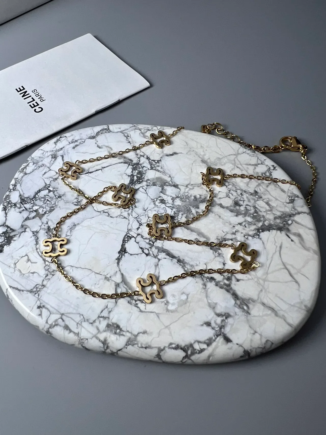Celine Triomphe Puzzle Motif Gold and Black Enamel Necklace 5