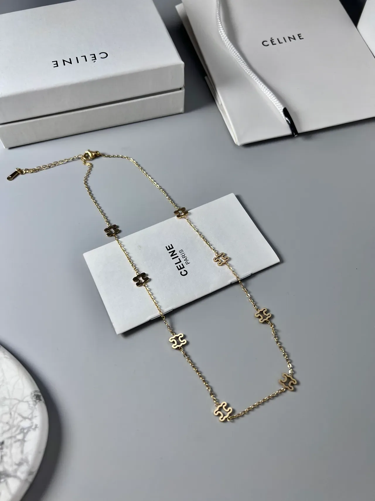 Celine Triomphe Puzzle Motif Gold and Black Enamel Necklace 6