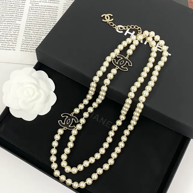 Chanel Beige Black Double-Strand Pearl Necklace 6