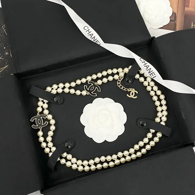 Chanel Beige Black Double-Strand Pearl Necklace 8