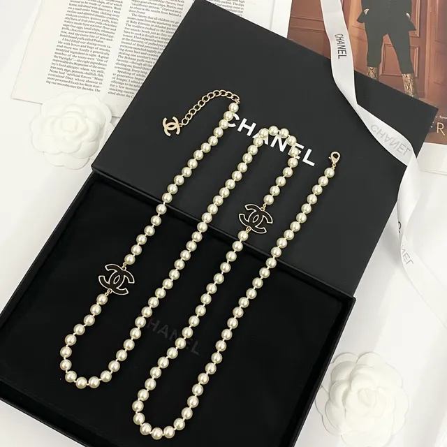 Chanel Beige Black Double-Strand Pearl Necklace 9