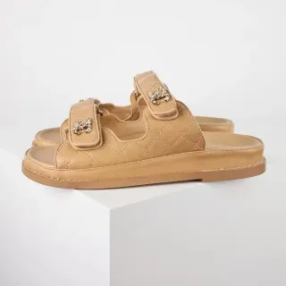 Chanel Beige Quilted Leather Dual-Strap Slippers